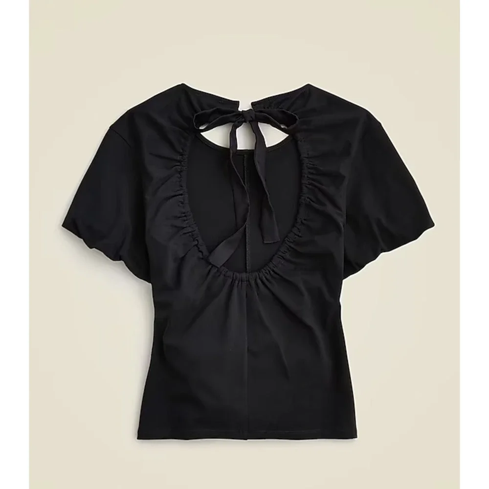 J.Crew Open Back Puff Sleeve Top Stretch Cotton Satin Bow Preppy XS NWT